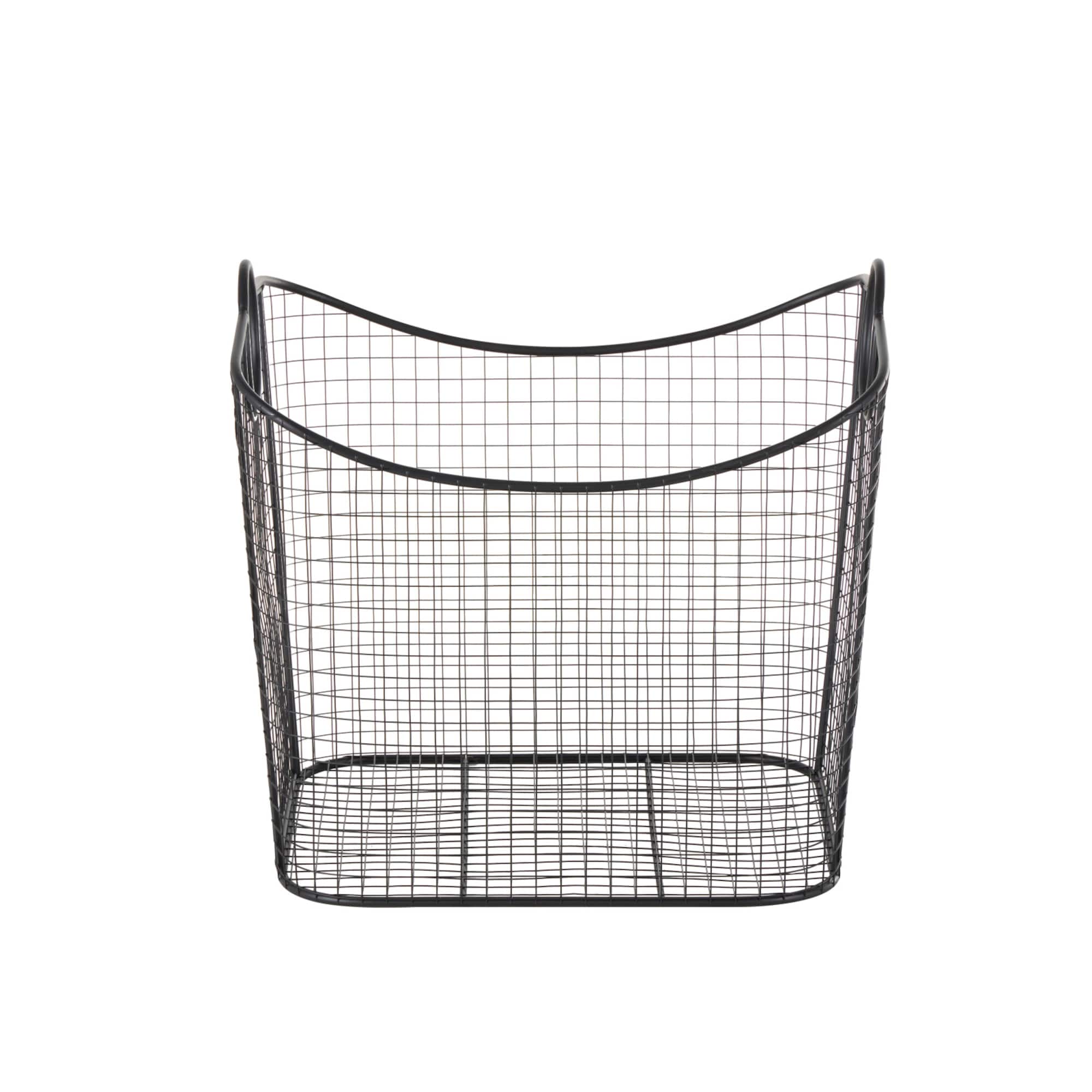 20" Black Metal Storage Basket with Curved Sides & Ring Handles